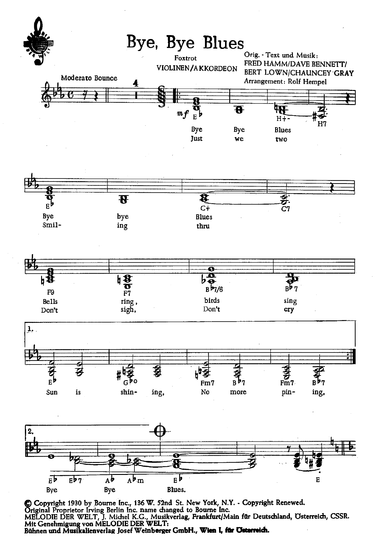 Bye Bye Blues — sheet music preview