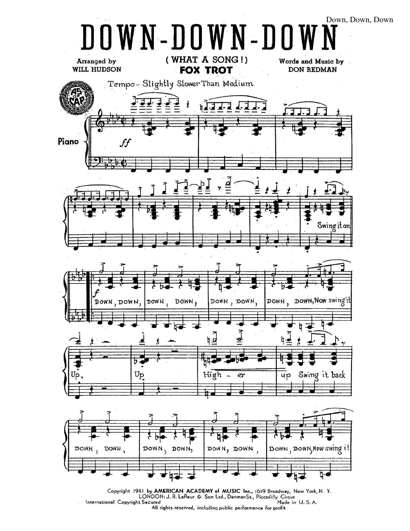 Down Down Down — sheet music preview