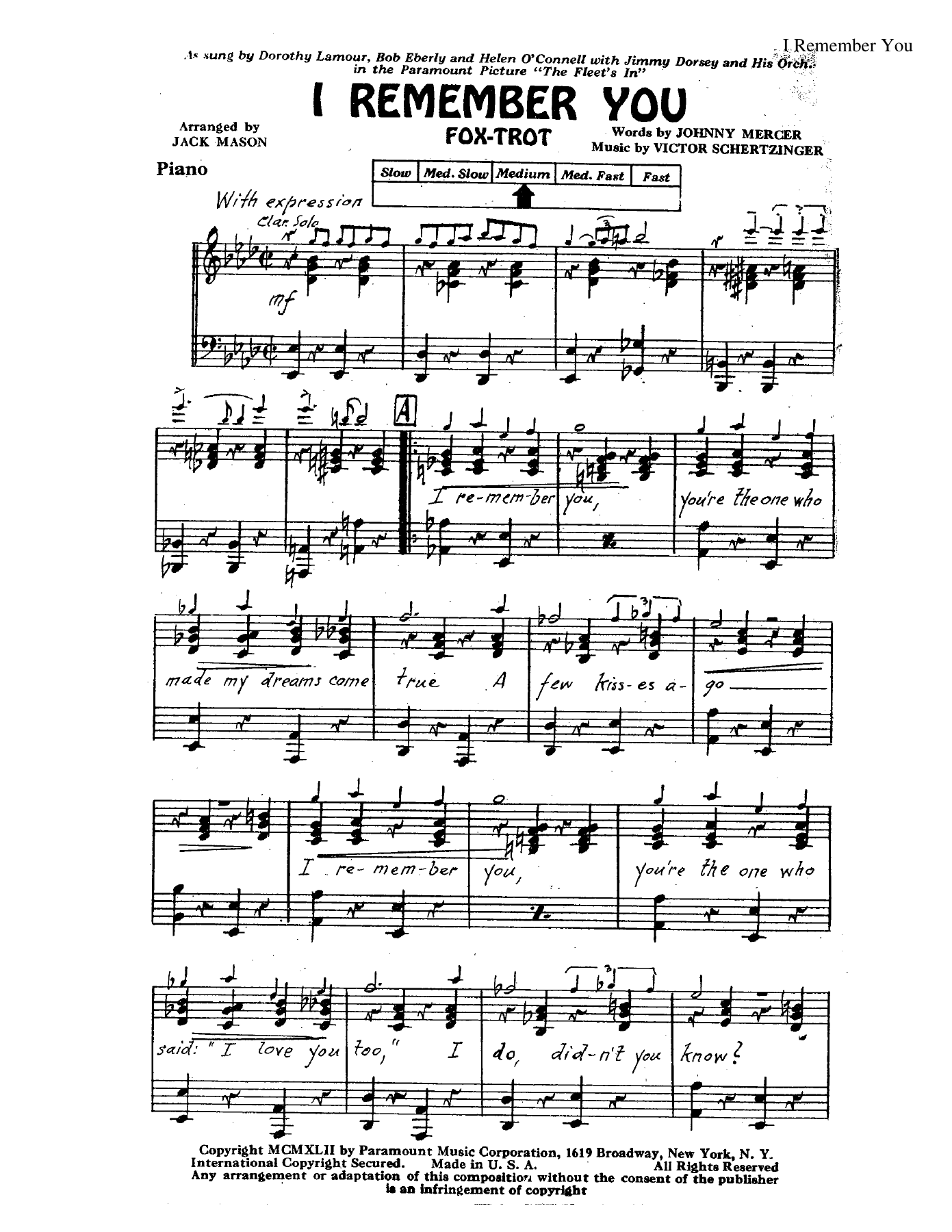 I Remember You — sheet music preview