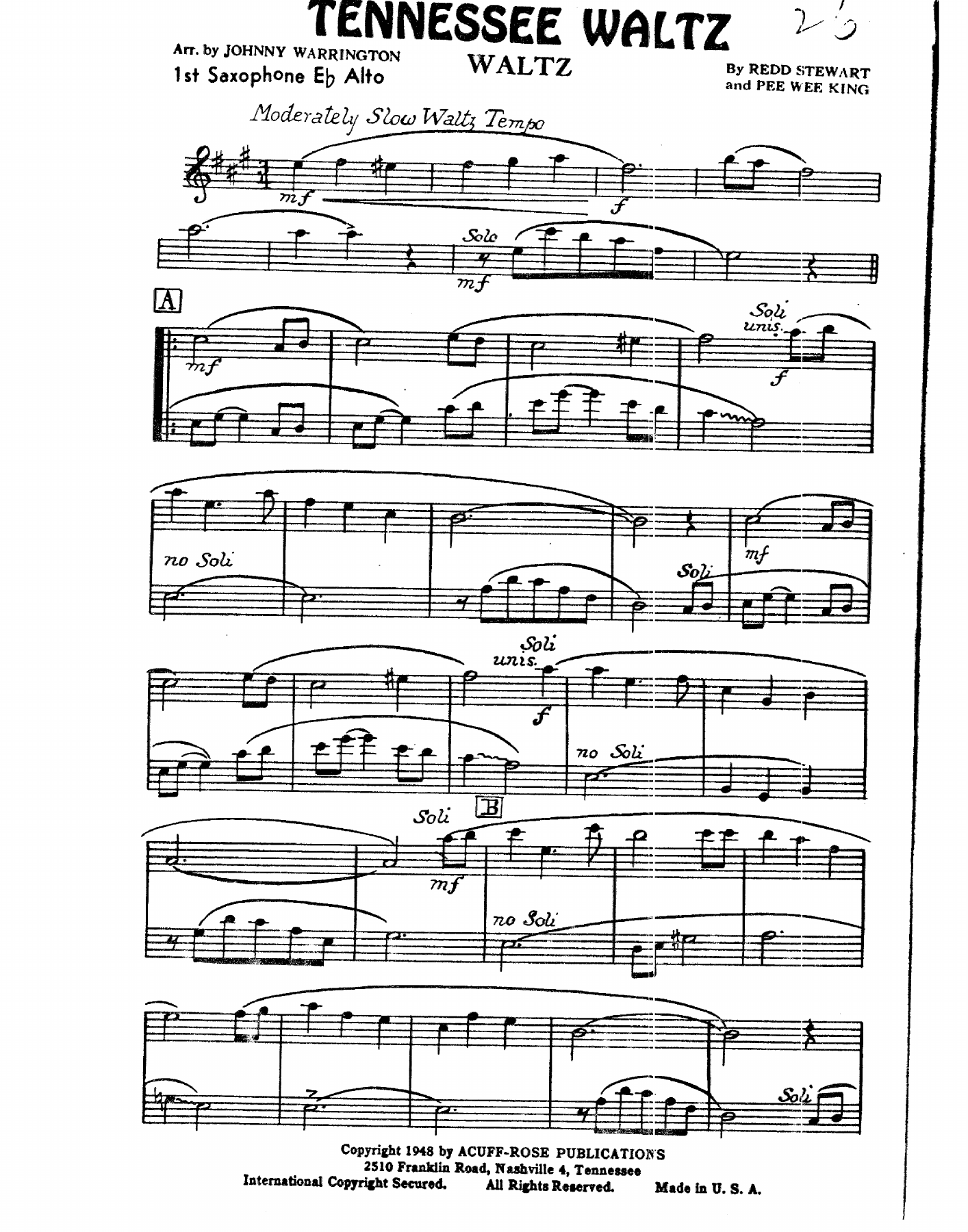 Tennessee Waltz — sheet music preview