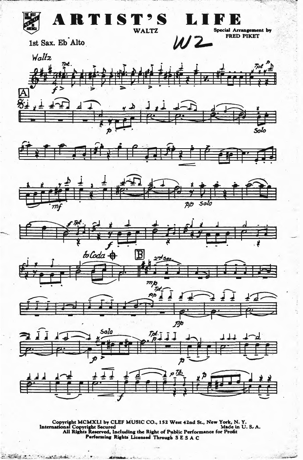Artist's Life — sheet music preview