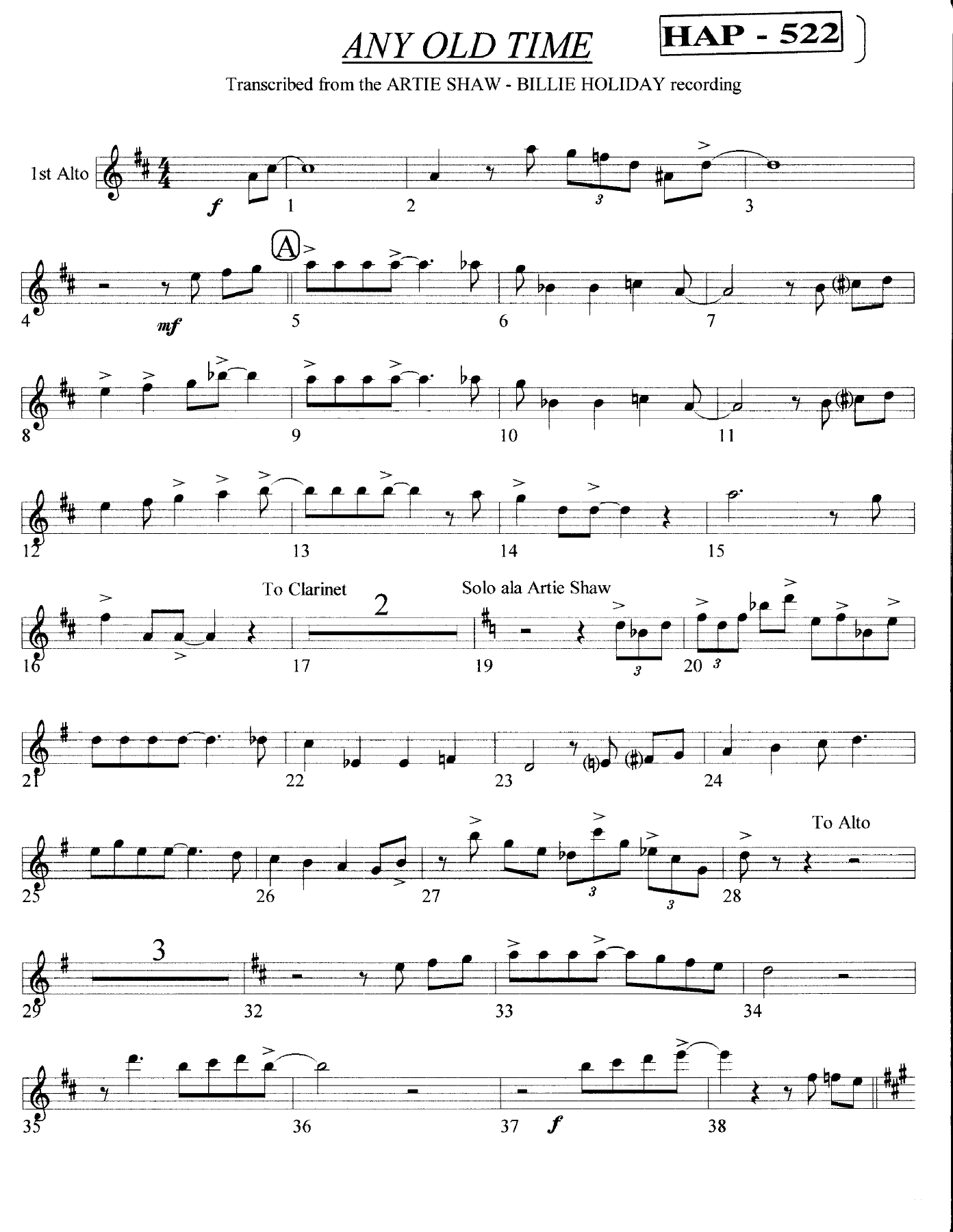 Any Old Time (Artie Shaw - Billie Holiday) Vocal — sheet music preview