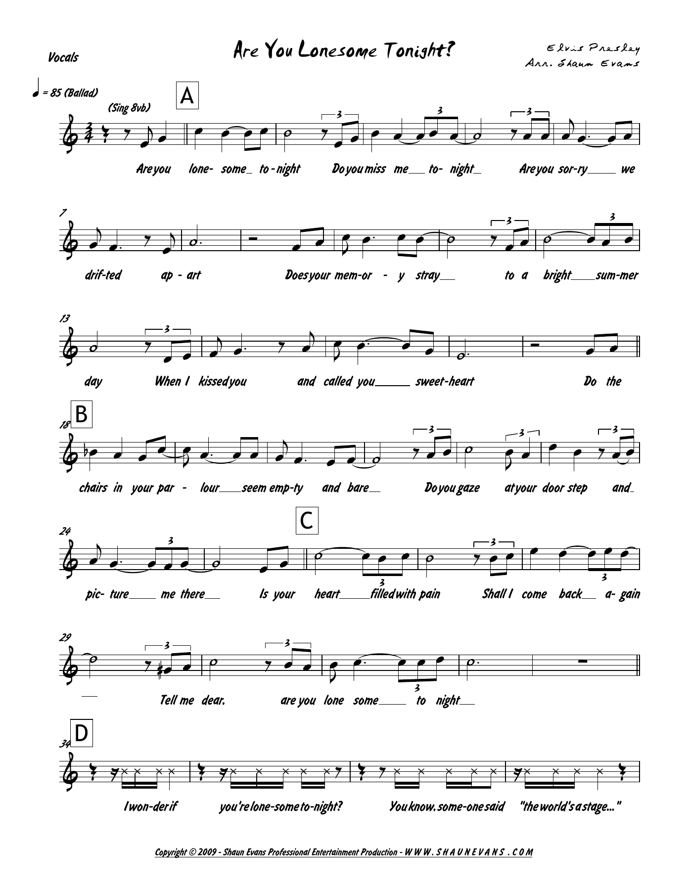 Are You Lonesome Tonight (S.Evans) Elvis Presley — sheet music preview