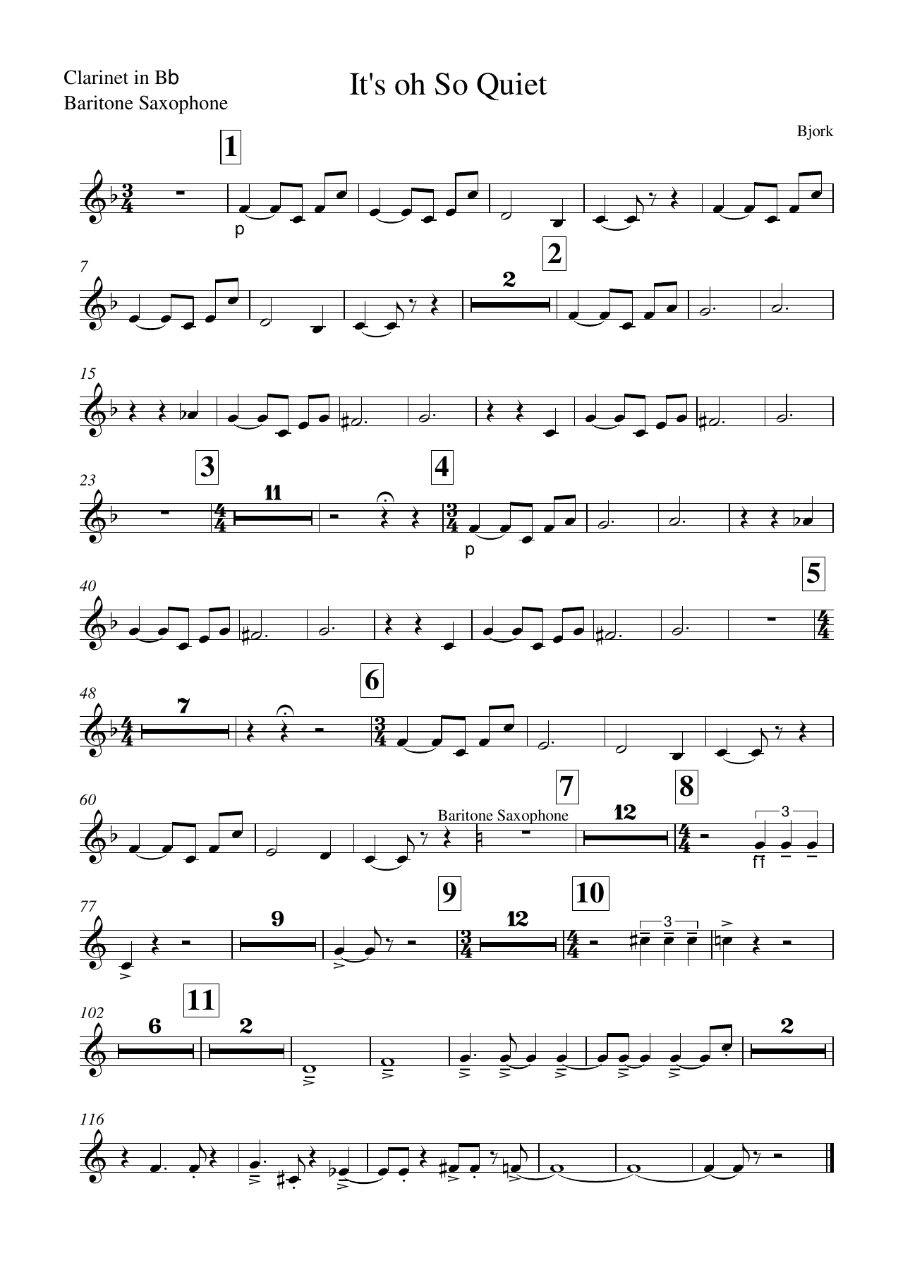 bjork-its oh so quiet - Clarinet in Bb, Baritone Saxophone — sheet music preview