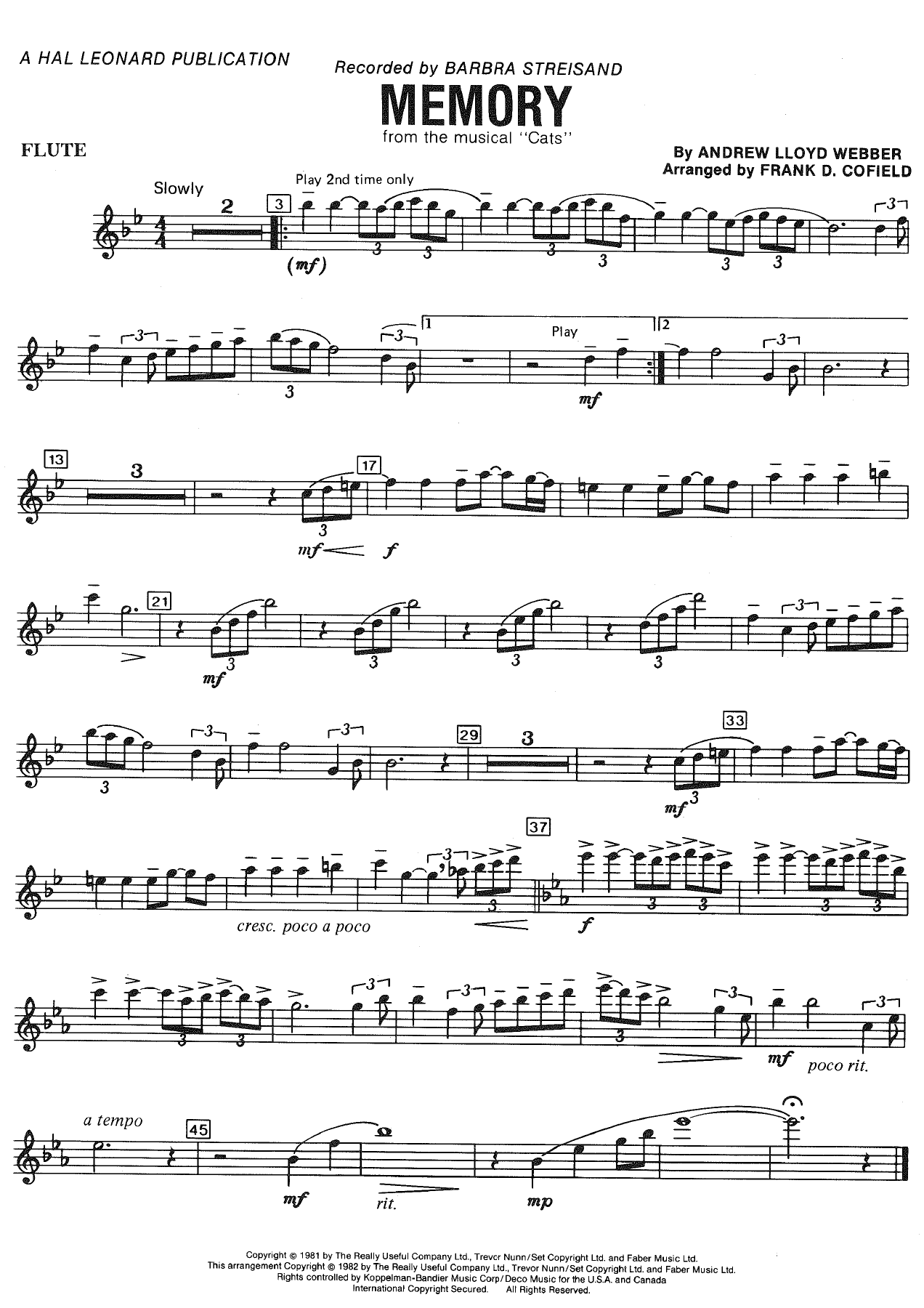 Memory - Andrew Lloyd Webber arr. Frank D. Cofield — sheet music preview
