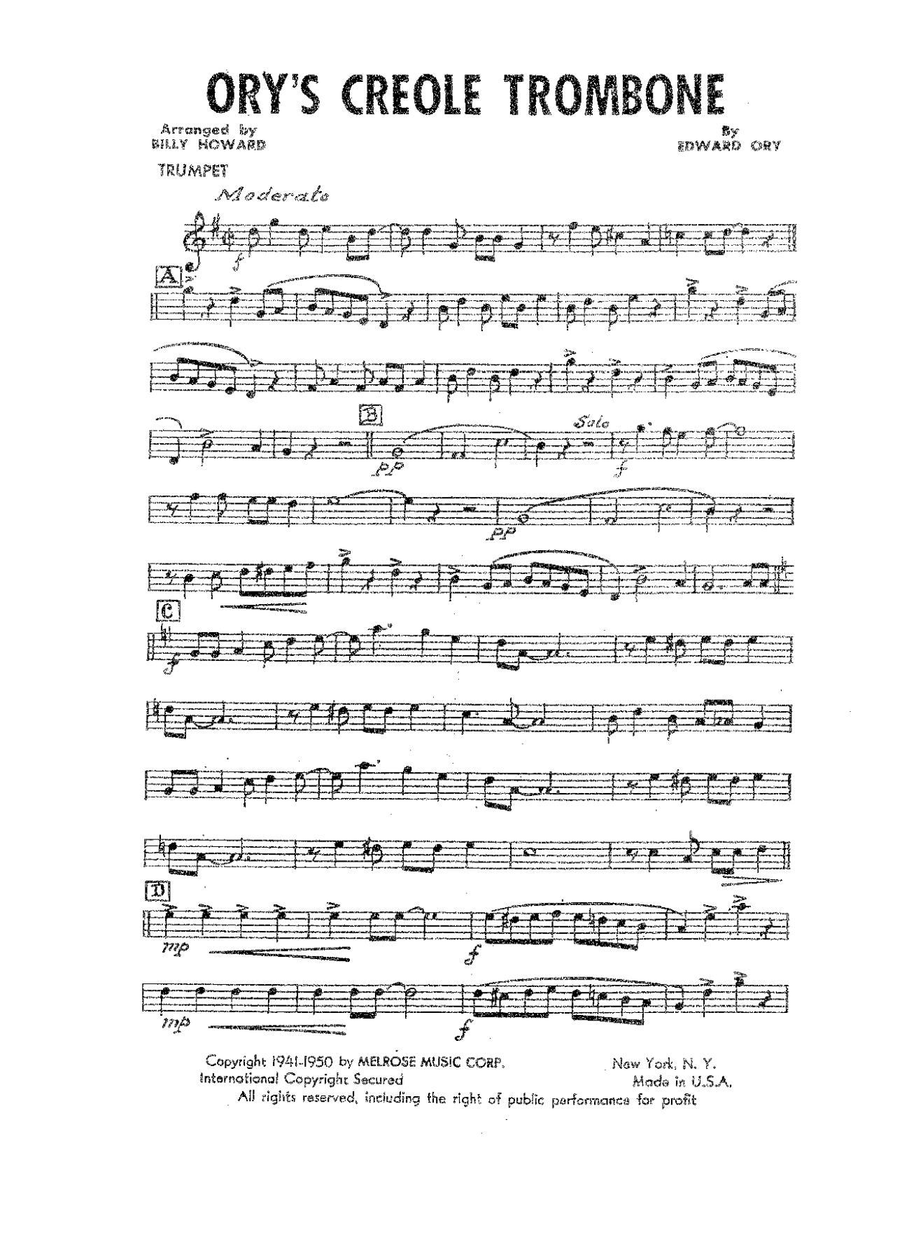Ory's Creole Trombone (Kid Ory) Unknown — sheet music preview