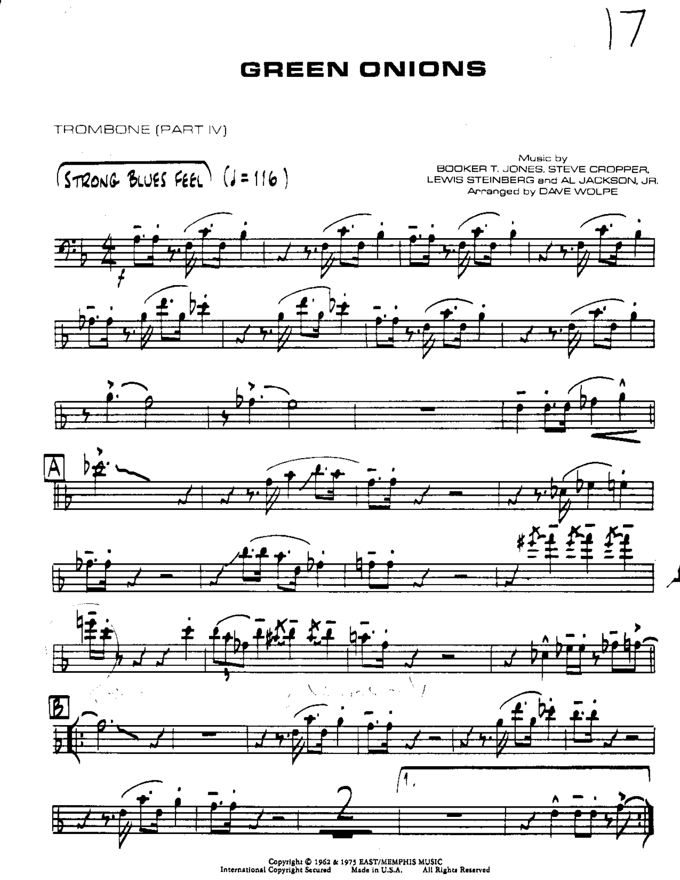Green Onions-Trombone — Small Ensemble sheet music by DAVE WOLPE | Blues