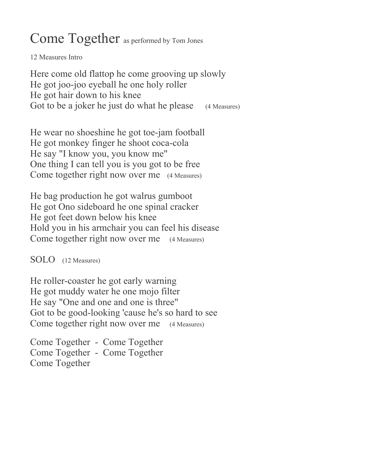 Come Together Lyrics — sheet music preview