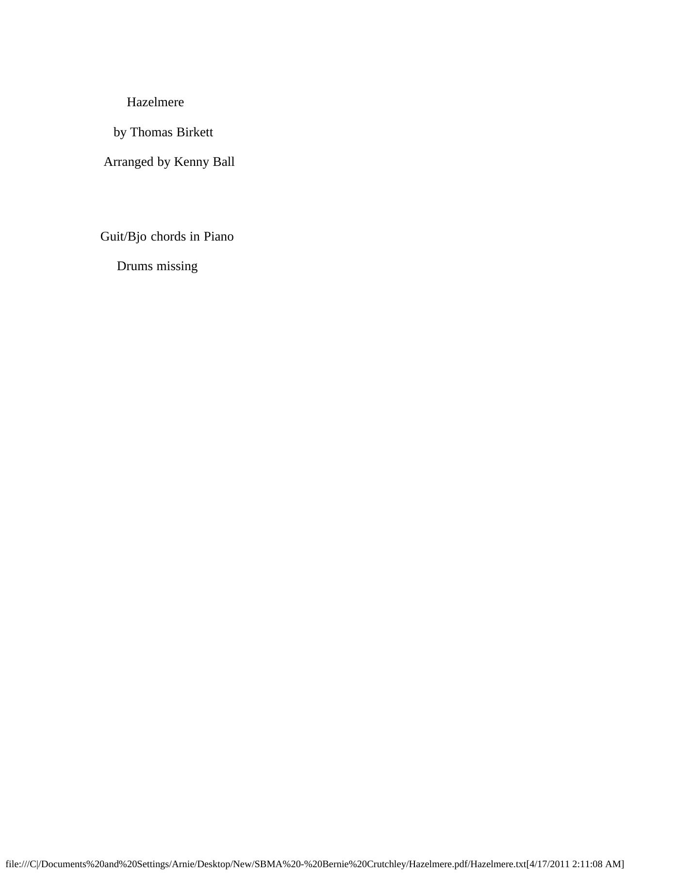 Hazelmere — sheet music preview