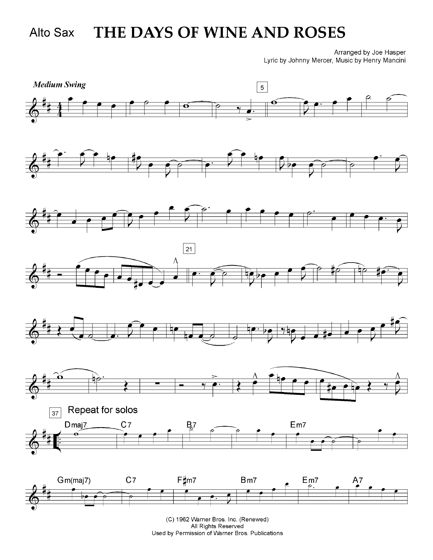 Days Of Wine And Roses — sheet music preview