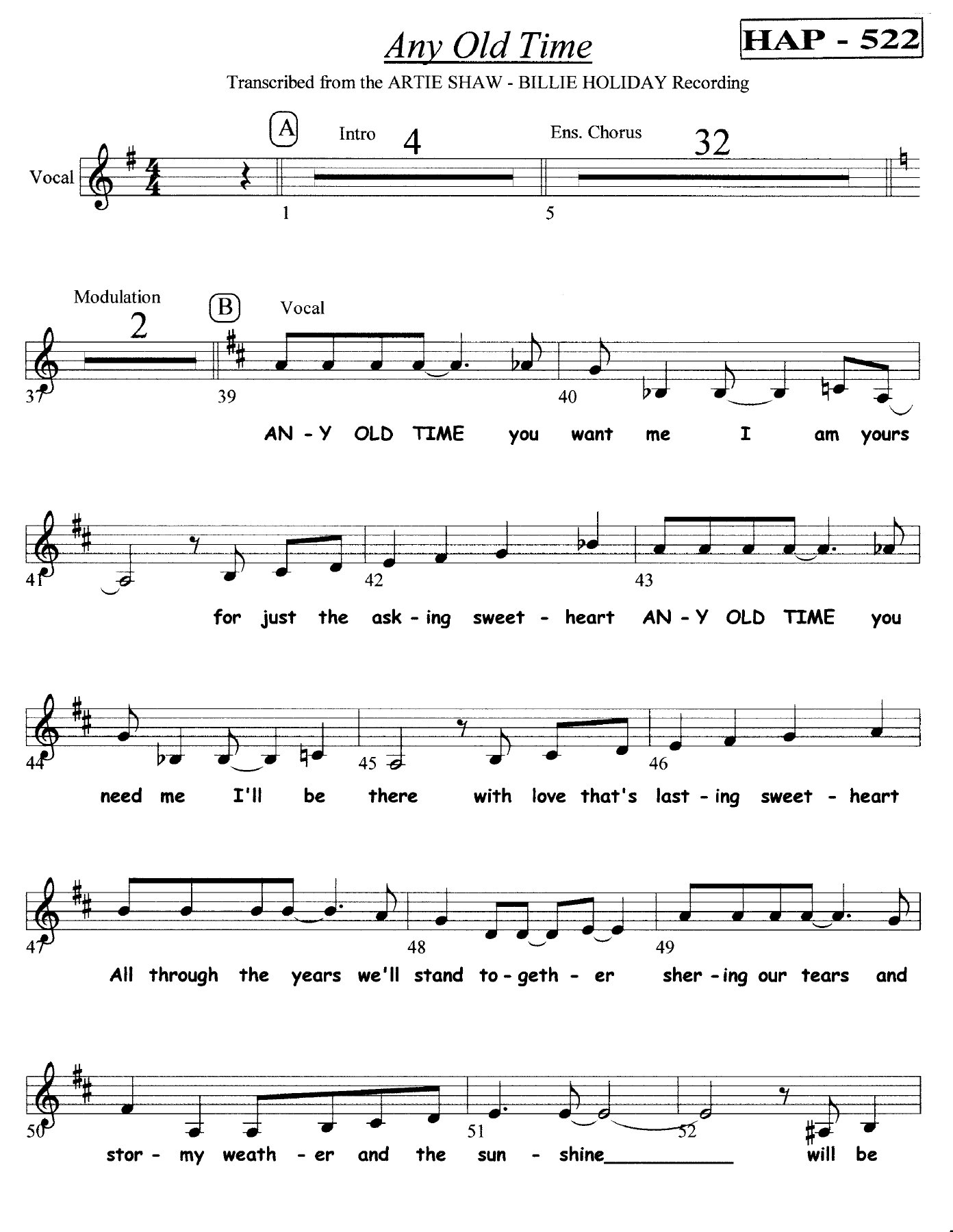 Any Old Time — sheet music preview