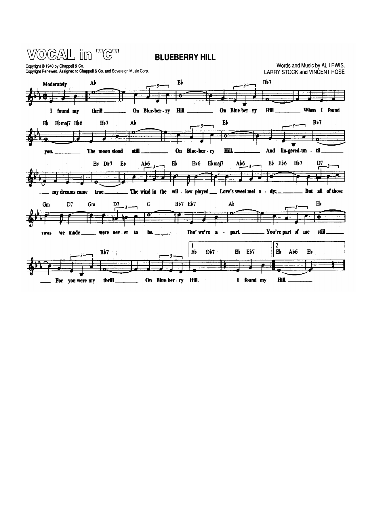 Blueberry Hill -Male Vocal — sheet music preview