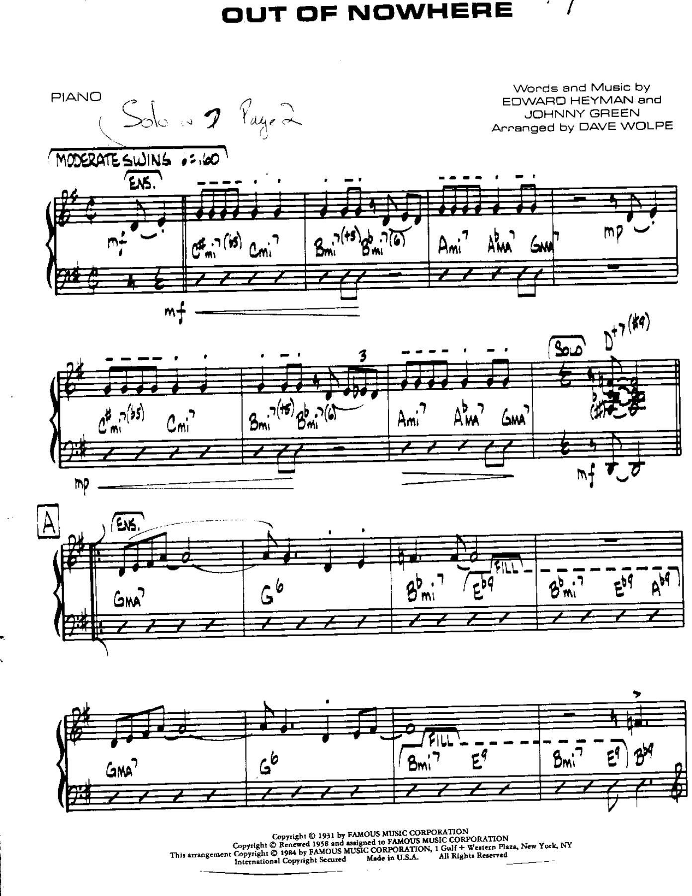Out Of Nowhere — sheet music preview