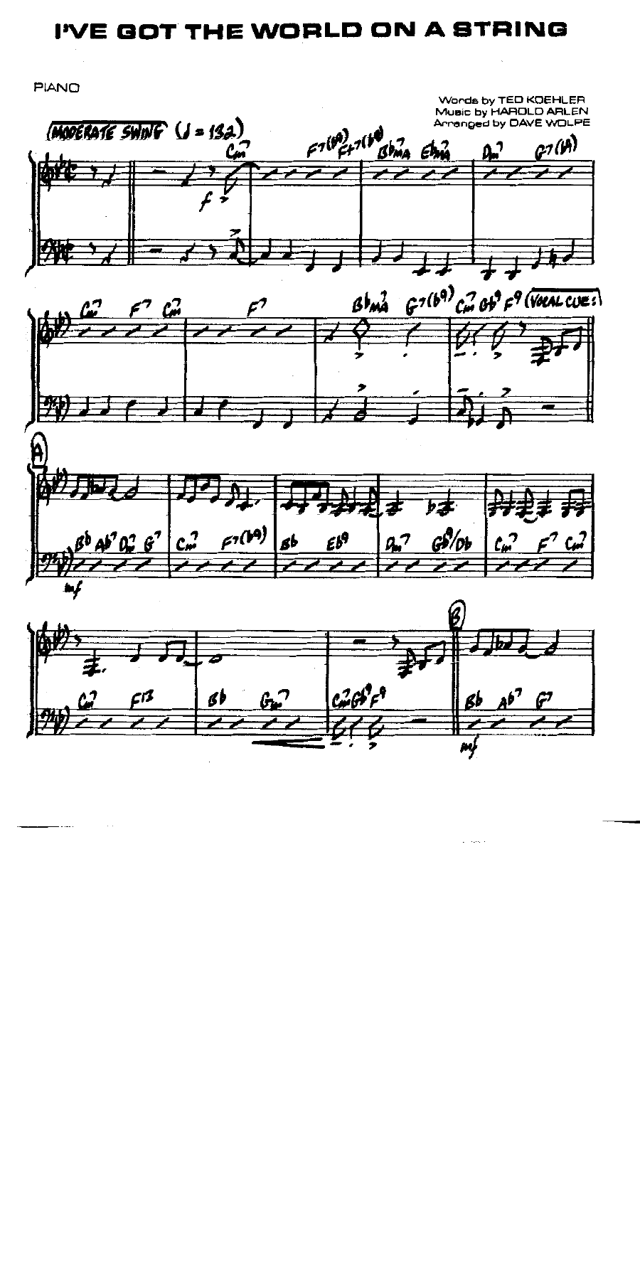 I've Got The World On A String (D.Wolpe)  (vocal Bb 0r Tenor Sax. — sheet music preview