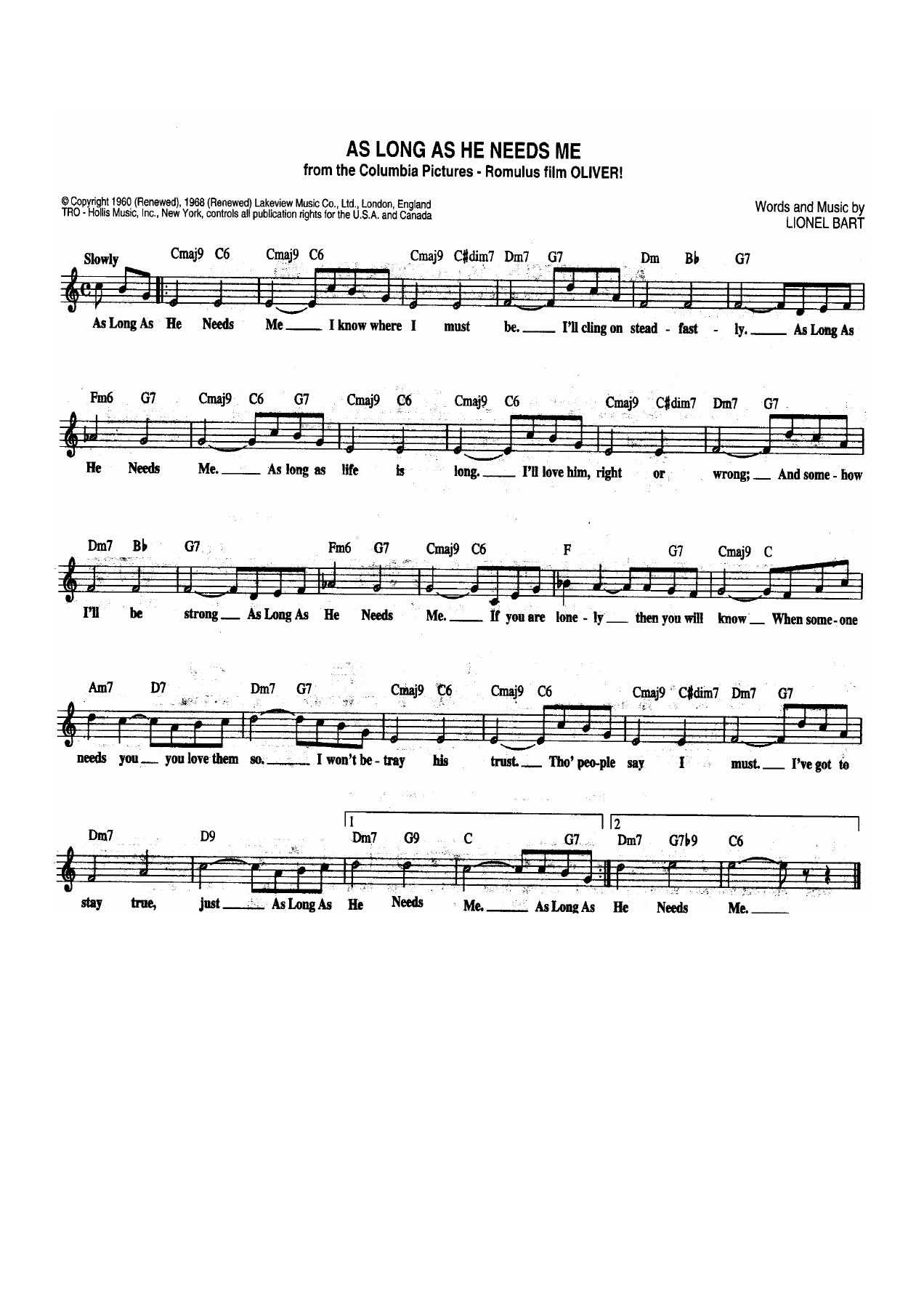 As Long As He Needs Me — sheet music preview