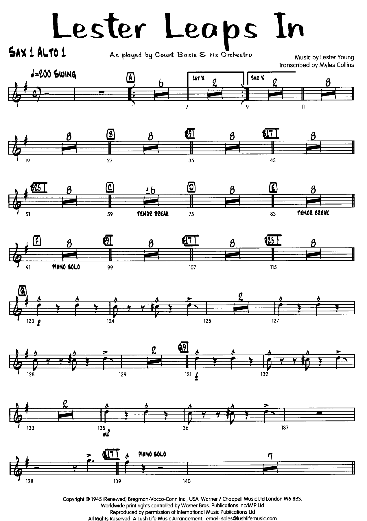 Lester Leaps In (M.Collins) C.Basie — sheet music preview