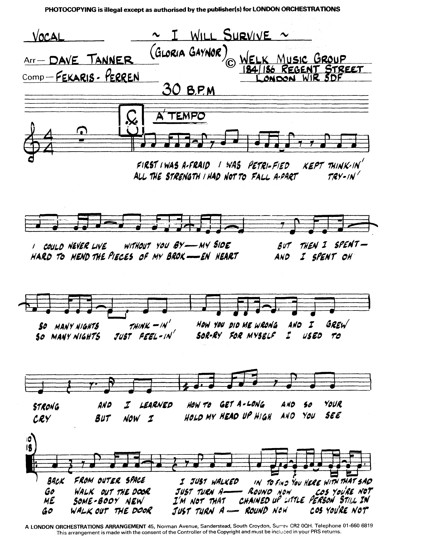 I Will Survive (D.Tanner) G.Gayner Voc. — sheet music preview
