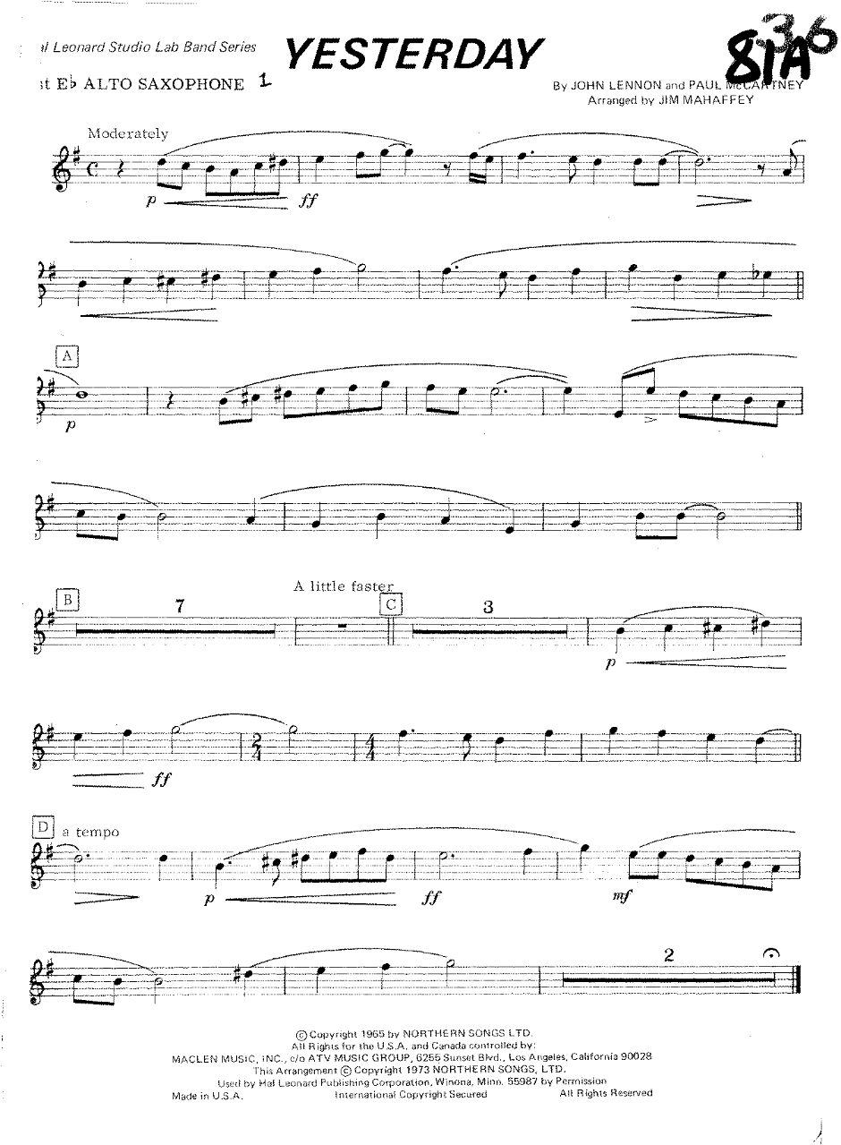 Yesterday — sheet music preview