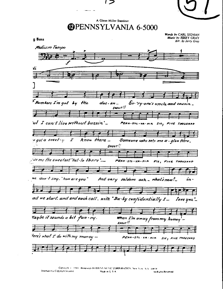 Circle 57-Pennsylvania 6-5000-Bass — sheet music preview