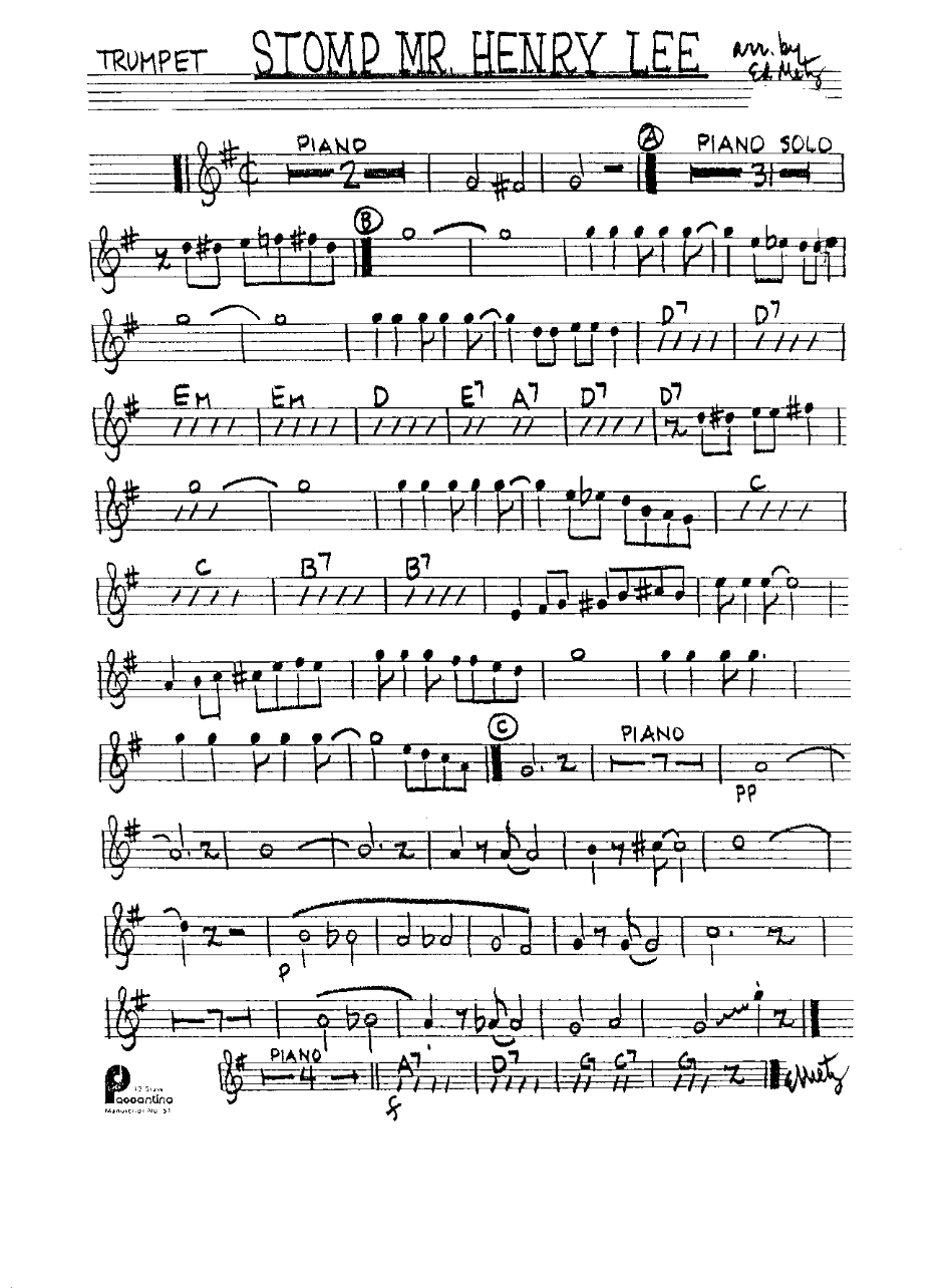 Stomp Mr.Henry Lee (Ed Metz) Piano Solo-Handwritten — Small Ensemble sheet music by Ed Metz | Dixieland