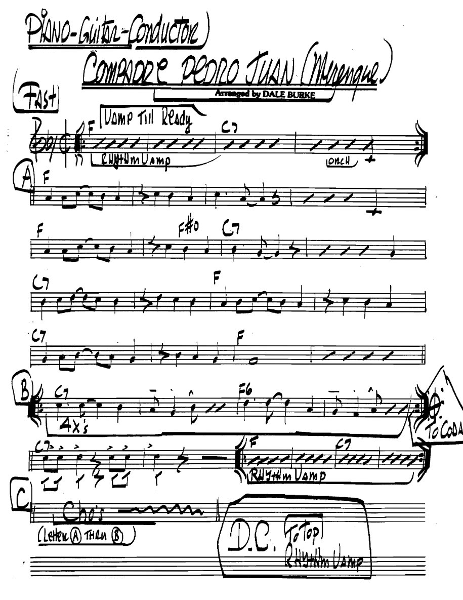 Compadrepedrojuanmerengue Pianoguitarconductor — Small Ensemble sheet music by DALE BURKE | Latin Jazz